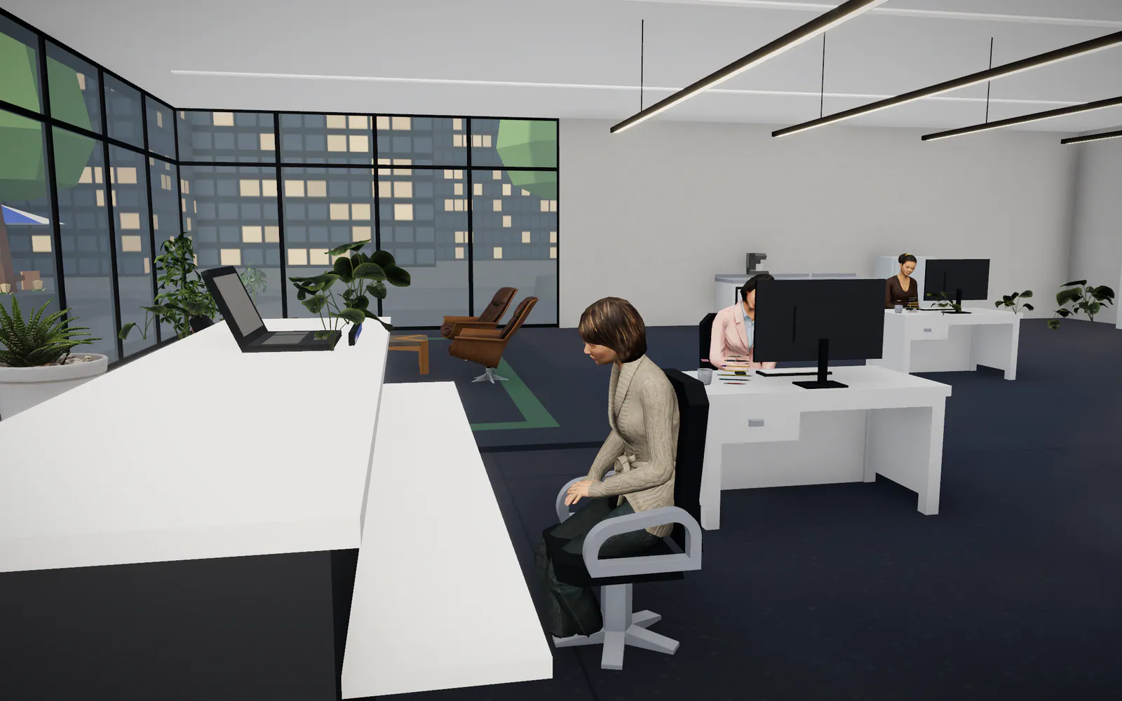 The open office floor at dusk, agents at their desks